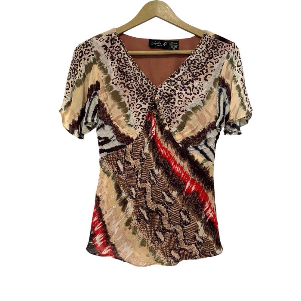 Vintage Y2K Lola P PM Animal Print Sequin Beaded Babydoll Top Flutter Sleeve